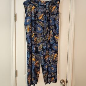 Lili Women’s Navy Floral Print Wide-Leg Pants Elastic Waist Tie Front 2X Boho